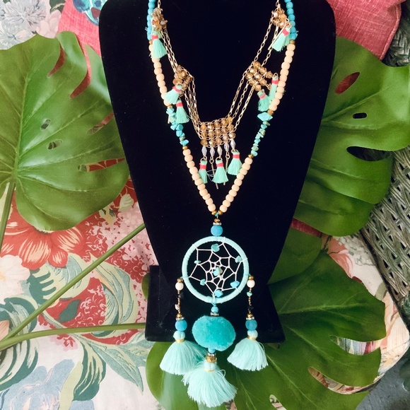 TASSEL FRINGE BEADED STATEMENT NECKLACE BOHO VIBE / GOLD FILAGREE CHAIN NEW - Picture 6 of 6